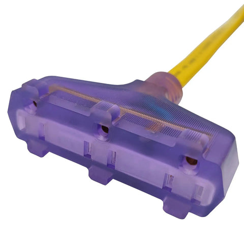 Close-up of the purple triple 5-15R receptacles on the Heavy Duty 50 Foot Flat Generator Extension Cord Adapter with yellow wire.