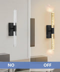 Crystal Battery Operated Wall Sconce Set of 2,Rechargeable Wall Sconces with Remote Control,Modern Black Bathroom Vanity Light fixtures,Wireless Dimmable Wall Lights for Bedroom Living Room Hallway showing on/off states.