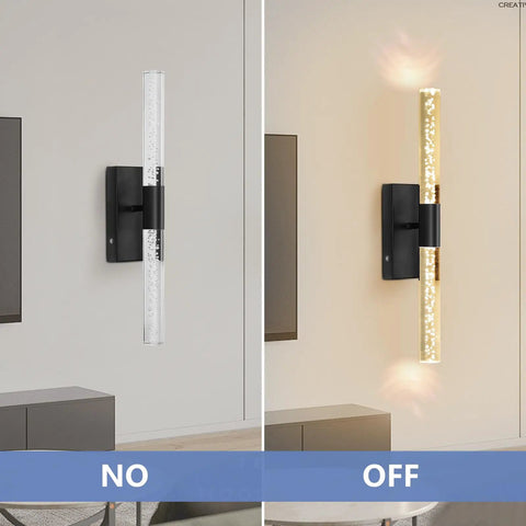Crystal Battery Operated Wall Sconce Set of 2,Rechargeable Wall Sconces with Remote Control,Modern Black Bathroom Vanity Light fixtures,Wireless Dimmable Wall Lights for Bedroom Living Room Hallway showing on/off states.