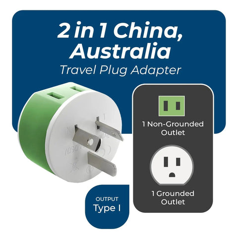Type I Travel Power Plug Adapter With 2 USA Inputs For Australia New Zealand And China Safe Grounded 3 Pack Works With Phones Laptops Cameras CPAP And More Must Have showing one grounded outlet