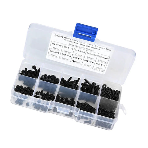 M2.5 Hex Socket Head Cap Screws And Nuts Kit 300 Pieces 12.9 Grade Black Alloy Steel in plastic box with assorted lengths 3mm to 20mm