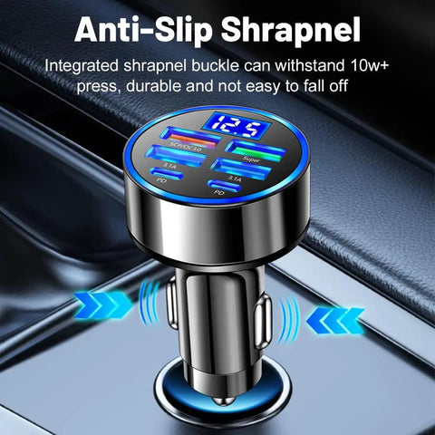 Six In One Car Charger With Voltmeter Display 120W Powerhouse Fast Charge QC3 0 PD Ports USB C Lighter Adapter For iPhone