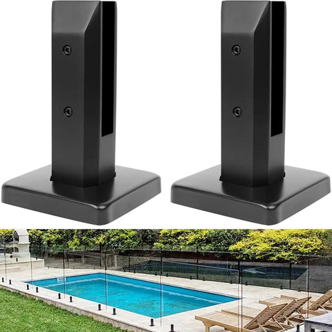 Frameless Glass Railing Spigots 304 Stainless Steel Matte Black Two Pack Fits Ten Millimeter Twelve Millimeter Three Eighths Inch And One Half Inch Glass For Pool Fences And Railings, shown with installed glass panels by a pool.