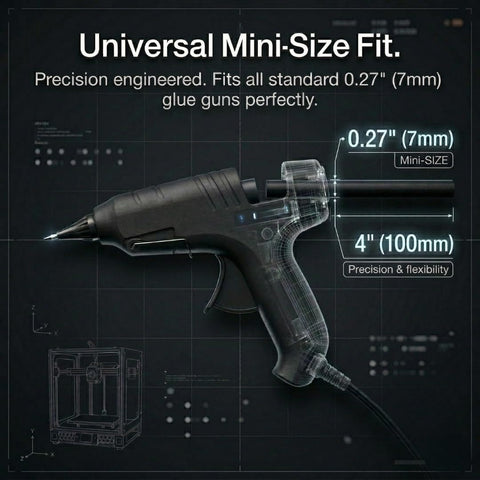 Image of a mini-size glue gun with Black Hot Glue Sticks 0.27 Inch Diameter For Glue Gun, Fast Set, Strong Bond.