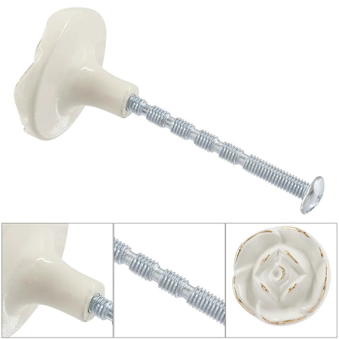 Ivory White Rose Flower Cabinet Pulls 8 Pack With 8 Mounting Screws Vintage Style Kitchen Drawer Knobs close-up view