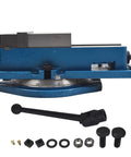 Real Deal Heavy Duty Milling Vise With 4 Inch Swivel Base And Wide Jaws Built Tough From Grade Gray Cast Iron For Precision Milling Drilling And Shaping Work Around The Shop, side view with swivel base and accessories.