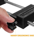 Close-up of adjustable whetstone stone holder with non slip base for secure knife sharpening, featuring ergonomic knob adjustment.