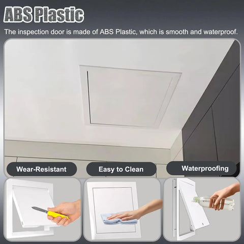 Slick Self Adhesive Access Panel For Hiding Drywall Gaps Concealed Ceiling Door Dead Simple Install Peel Back Wall Patch No Tool Required Snap Fit Inspection Cover White Rectangular 3X3 Inch installed in ceiling with features shown.