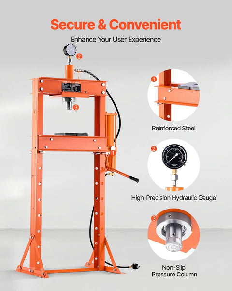 Hustle With This Bad Boy: Vevor 20 Ton Hydraulic Shop Press, heavy duty H-frame with reinforced steel, hydraulic gauge, non-slip column.