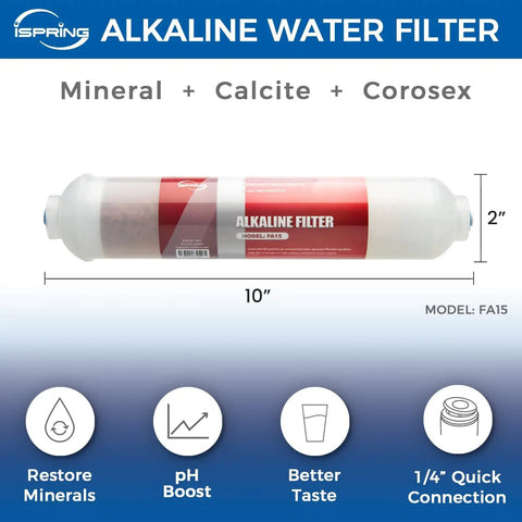 FA15 Alkaline Inline Water Filter Cartridge 10 Inch By 2 Inch With One Quarter Inch Quick Connect For RO Systems NSF Certified