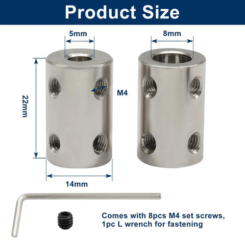 Rock Solid Steel 5mm To 8mm Bore Rigid Shaft Coupler Includes M4 Socket Screws And L Hex Wrench For Cnc Builds detailed size graphic.