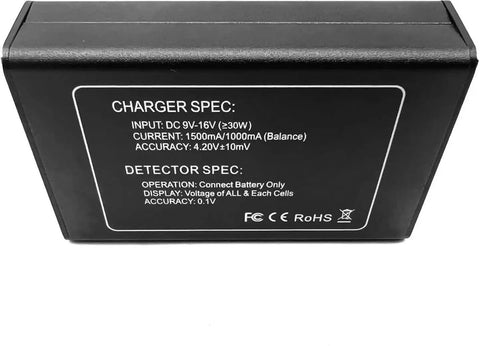Back view of Versatile LiPo Balance Charger With Wireless Voltage Meter For 7.4V 11.1V And 14.8V Batteries showing specifications.