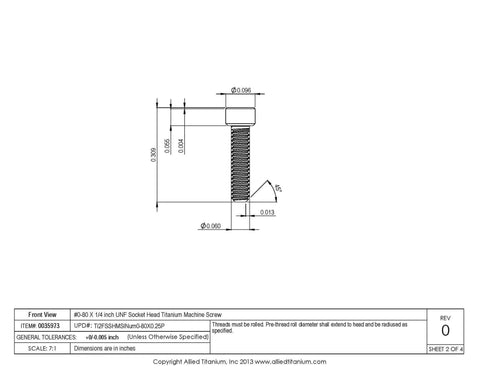 Technical drawing of a Pack Of 20 True Titanium Socket Head Machine Screws, 0-80 Size, One Quarter Inch UNF, Grade 2 CP Titanium.
