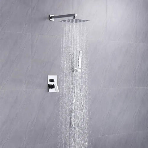 Wall Mounted Rainfall Shower System With 10 Inch Rain Shower Head And Handheld Kit Chrome Finish Rough In Valve And Trim Included No Fuss Install Modern Bath Upgrade in bathroom setting