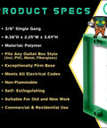 Three Eighths Inch Single Gang Outlet Box Extenders Pack Of Three, UL Listed Pro Grade Electrical Box Extenders For Outlets And Switches, Flush Mount With Wall, Gap Free, Safe Nonflammable Material, shown in green polymer material.