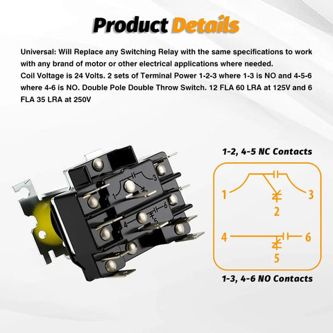 DPDT 24V General Purpose Switching Relay For HVAC And Furnace Control Replaces R8222D1014 showing relay terminals and diagram