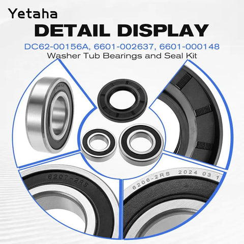 Hella Durable Washing Machine Tub Bearing And Seal Replacement Kit For Samsung Models including two steel bearings and one rubber seal.