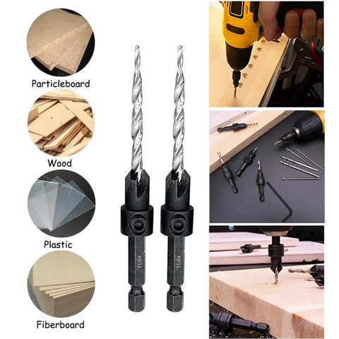 Countersink Drill Bit Set Eleven Sixty Fourth Inch Five Piece With Two Extra Tapered Bits Stop Collar And Hex Wrench for wood and plastic