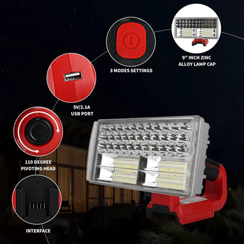 Cordless LED Work Light For Milwaukee M18 Battery 40W 4200LM With 3 Modes 9 Inch Zinc Alloy Spotlight with USB port and settings