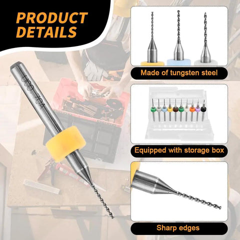 Pipe Vise Micro Mini Hand Drill Set With Premium HSS Micro Bits for arts and crafts, showing tungsten steel bits and storage box.