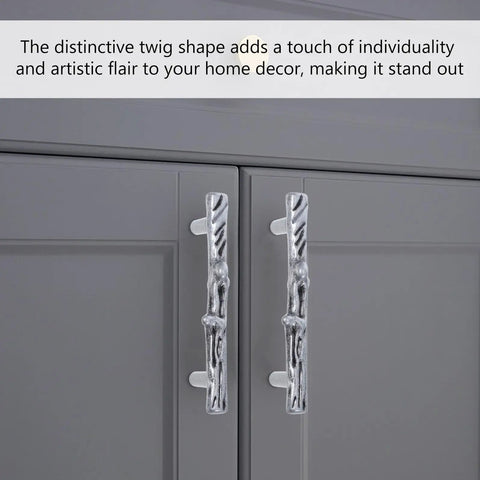 Cabinet with Rustic Twig Drawer Pulls With Metal Branch Cabinet Handles and screws, showcasing distinctive twig shape in zinc alloy.