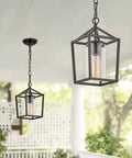 Outdoor Porch Pendant Light With Glass Shade, Vintage Metal Cage Lantern, hanging on porch in classic black finish.