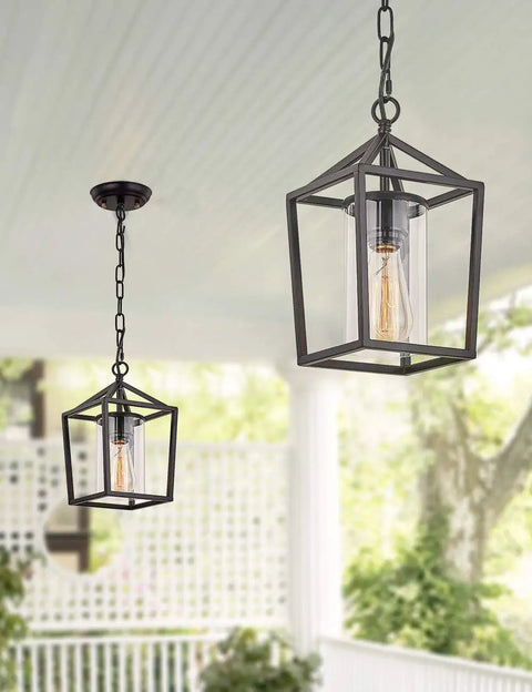 Outdoor Porch Pendant Light With Glass Shade, Vintage Metal Cage Lantern, hanging on porch in classic black finish.