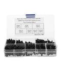 500 Pcs Black Self Tapping Screw Kit With 7 Sizes Carbon Steel For Furniture Shelving Cabinets Quad Drive And Universal Wood And Metal Fasteners Set For DIY Projects, plastic case with labeled compartments