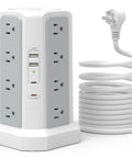 20 In 1 Surge Protector Tower With PD20W USB C Fast Charge, 16 AC Outlets And 4 USB Ports, 6 Foot Extension Cord, white and gray design