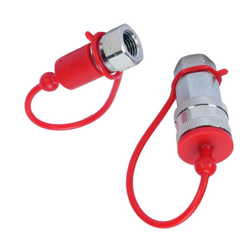 Heavy Duty Hydraulic Quick Connect Coupler One Quarter Inch Npt 4000 Psi Hardened Steel Fitting Dust Caps Included Leak Proof Secure Lock Works Well For Big Tasks Demand Real Deal Specs And Kick Ass Performance, red capped pair