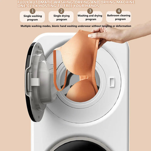 Compact 2-In-1 Mini Washer And Dryer, 3.5 Liter Wall Mounted Laundry System With Digital Touch Screen, showing bra being loaded into front door.