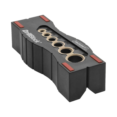 No Fuss Setup Circle Guide Kit And Drill Block Bundle For Exact Router Cutouts and Bullseye Handheld Drilling Drill block with multiple size drill holes.