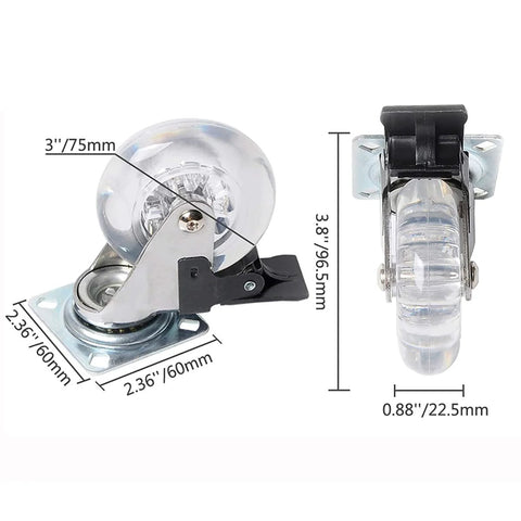 Diagram of 2 Inch Heavy Duty Swivel Caster Wheels With Brakes 400 Lb Capacity 4 Pack Clear Rubber, showing dimensions and features.