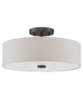 Meridian Collection 3 Light Semi Flush Mount Ceiling Fixture With Oatmeal Fabric Drum Shade And Satin White Diffuser In English Bronze Finish