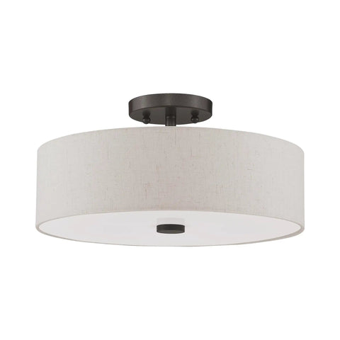Meridian Collection 3 Light Semi Flush Mount Ceiling Fixture With Oatmeal Fabric Drum Shade And Satin White Diffuser In English Bronze Finish