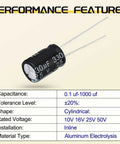 Close-up of electrolytic capacitor showing capacitance and voltage for DIY Friendly Electrolytic Capacitor Kit With 24 Values And 240 Pieces.