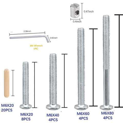 Heavy Duty Crib Hardware Screws Kit With M6 Hex Socket Head Cap Screws And Barrel Nuts, 40Pcs In 20, 40, 60 And 80mm Lengths Plus Allen Wrench