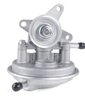 Automotive vacuum pump with aluminum body, front view showing mounting bracket and inlet port