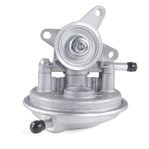 Automotive vacuum pump with aluminum body, front view showing mounting bracket and inlet port