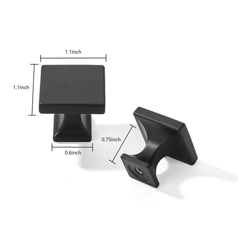 Matte Black Cabinet Knobs 30 Pack Flat Square Drawer Handles for Cabinets and Drawers Kitchen Cabinet Hardware Upgrade Easy Install No Sweat Durable Metal Pulls for Home Renovation and Office Use. Image shows detailed dimensions of matte black square knobs, made from durable metal showcasing modern design.
