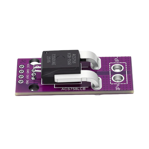 Rock Hard Hall Current Sensor Module Rated At One Hundred Fifty Amps Made For Motor Control Circuit Designs showing purple PCB with ACS758 chip.