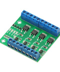 4 Channel MOSFET F5305S Pulse Trigger Switch Controller board with blue terminals and PWM input isolation for motors and LEDs.