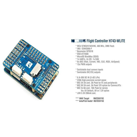 Flight Controller With OSD For 2-6S LiPo Drones, MATEK H743-WLITE Ready, close-up view showing blue circuit board with connectors.