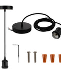 Harwez Matte Black Industrial Vintage Mini Pendant Light Kit E26 LP-0661 with metal canopy, E26 socket, and wiring accessories.