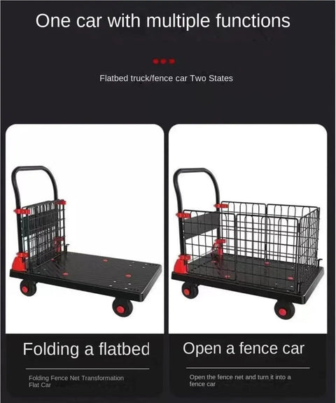 Heavy Duty Platform Cart With Folding Cage Two In One Use Convertible Hand Truck To Platform Trolley And Push Cart Dolly flatbed and cage views