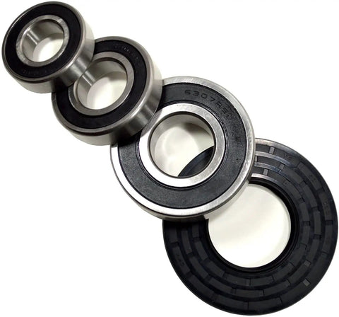 Bearing And Seal Kit Fixes Whirlpool Front Load Washer Tub GHW9100LQ2 showing three steel bearings and one rubber seal.