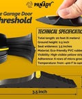 Close-up of garage door threshold made of eco-friendly PVC rubber, total length 20ft, with specifications and design details.