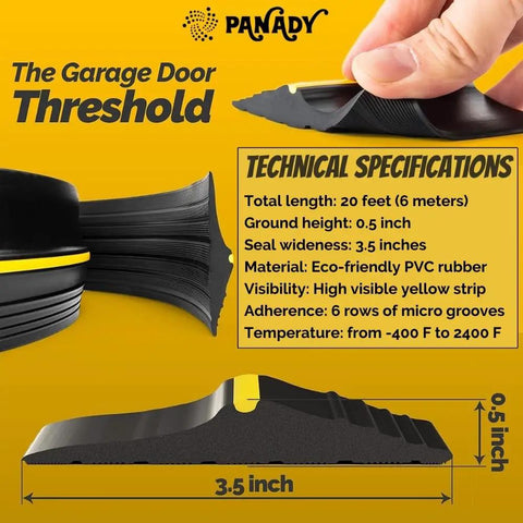 Close-up of garage door threshold made of eco-friendly PVC rubber, total length 20ft, with specifications and design details.