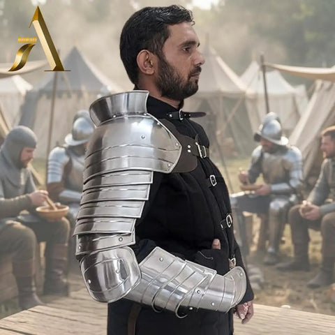 Adult man wearing Medieval Single Pauldron Spartacus Cosplay Armor Arm Sleeve for LARP Gladiator Knight Costume in silver metal