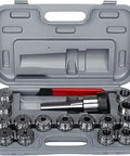 Open case showing R8 ER40 Collet Set For CNC Milling Machines, 15-Piece High Precision Collets With 0.0004 Inch Accuracy, chuck holder visible